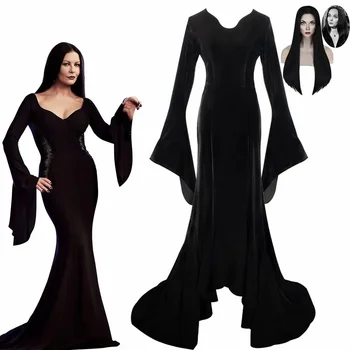 Wednesday Addams Family Morticia Косплей костюм, парик, Черное сексуальное облегающее вечернее платье для женщин, карнавальное платье на Хэллоуин - Изображение 1  