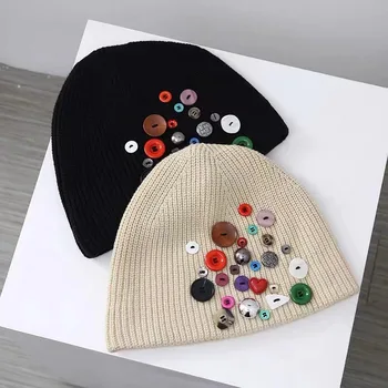 Аксессуары для шапочек-бини на пуговицах с такой же зимней шерстяной шапкой-бини, вязание в стиле хип-хоп для мужчин и женщин, утолщение и сохранение тепла - Изображение 2  
