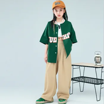 Детская одежда в стиле хип-хоп, темно-зеленый кардиган оверсайз, бейсбольная рубашка, топ, широкие повседневные брюки цвета хаки для девочек, танцевальный костюм для мальчиков, одежда - Изображение 1  