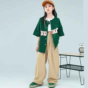 Детская одежда в стиле хип-хоп, темно-зеленый кардиган оверсайз, бейсбольная рубашка, топ, широкие повседневные брюки цвета хаки для девочек, танцевальный костюм для мальчиков, одежда - Изображение 2  