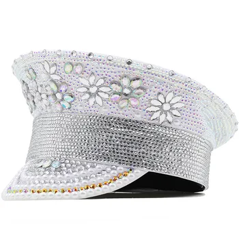 Роскошная женская серебряная свадебная шляпа невесты в стиле милитари ручной работы, шляпа капитана-моряка, шляпа сержанта, фестивальная шляпа с белым бриллиантом - Изображение 2  