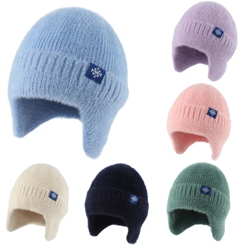 Мягкие теплые зимние шапки для женщин, вязаная шапка из искусственного меха, защита ушей, Плюшевая шапочка, капот, Уличная хип-хоп кепка - Изображение 1  