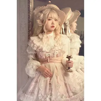 Berry Manor OP Розовая клубника с принтом и бантом, кружевное платье в стиле Лолиты для девочек с длинным рукавом, кукольное платье принцессы Каваи - Изображение 1  