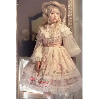 Berry Manor OP Розовая клубника с принтом и бантом, кружевное платье в стиле Лолиты для девочек с длинным рукавом, кукольное платье принцессы Каваи - Изображение 2  