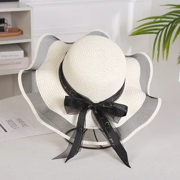 Летняя новая соломенная шляпа женская газовая шляпа-козырек с большими полями женская пляжная шляпа модная дорожная шляпа от солнца Шляпа  - Изображение 1  