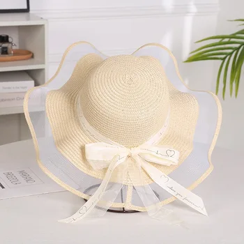 Летняя новая соломенная шляпа женская газовая шляпа-козырек с большими полями женская пляжная шляпа модная дорожная шляпа от солнца Шляпа  - Изображение 2  