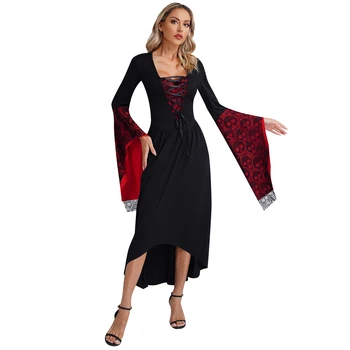 Женское платье для косплея в стиле Средневекового Возрождения на Хэллоуин с расклешенными рукавами, кружево с черепом, высокий-Низкий подол, Ретро-платье Ведьмы в готическом стиле для тематической вечеринки - Изображение 2  