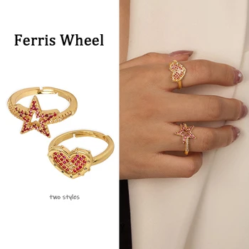 Обручальные кольца для женщин с регулируемым медным позолоченным кристаллом, винтажное открытое кольцо в виде сердца и звезды для девочек, эстетичные роскошные украшения - Изображение 1  