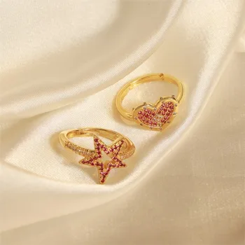 Обручальные кольца для женщин с регулируемым медным позолоченным кристаллом, винтажное открытое кольцо в виде сердца и звезды для девочек, эстетичные роскошные украшения - Изображение 2  