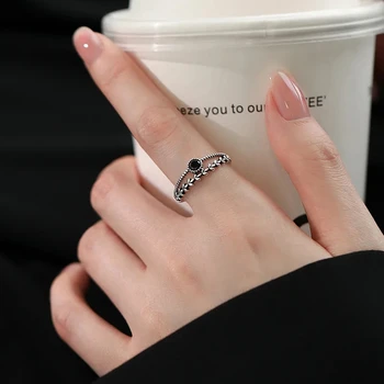 Кольцо в виде листьев из черного циркона с серебряным покрытием из колосьев пшеницы для женщин, подарок девушке, Двухслойные простые украшения - Изображение 1  