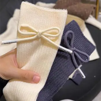 Женские носки Kawai с бантом, однотонные студенческие носки в стиле японского колледжа, милые носки средней длины в стиле харадзюку для милой девушки, Зимние носки в стиле харадзюку - Изображение 2  