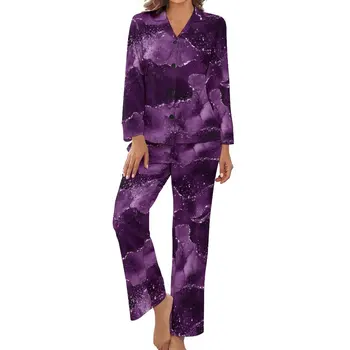 Мраморная пижама Женская Moody Purple Agate Теплая пижама Осенняя с длинными рукавами, 2 предмета, пижамные комплекты для сна с V-образным вырезом на заказ - Изображение 1  