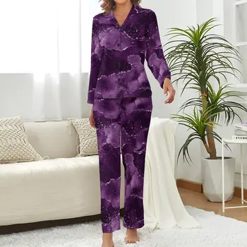 Мраморная пижама Женская Moody Purple Agate Теплая пижама Осенняя с длинными рукавами, 2 предмета, пижамные комплекты для сна с V-образным вырезом на заказ - Изображение 2  