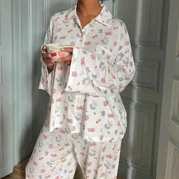 2 шт. Пижамы для женщин с весенним цветочным принтом, свободный однобортный кардиган с длинным рукавом, брюки, Свободная женская пижама, пижама - Изображение 1  