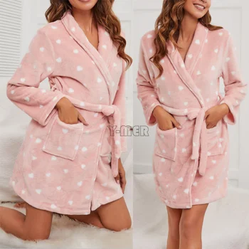 Халат с длинным рукавом и карманом, Фланелевая домашняя одежда, пижама с капюшоном, Кимоно, халат, Зимняя новая теплая ночная рубашка, Женская пижама - Изображение 1  