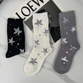 2023 Новые зимние женские носки с рисунком звезды, длинные носки, повседневные модные носки, Высококачественные хлопчатобумажные носки, кавайные носки, Размер 35-40 - Изображение 2  