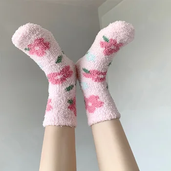 Японские милые носки Kawaii, осень-зима, утепленные Теплые Мягкие плюшевые женские носки, коралловый флис, термоодежда, носки для сна в пол - Изображение 1  