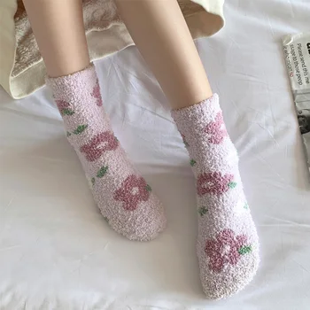Японские милые носки Kawaii, осень-зима, утепленные Теплые Мягкие плюшевые женские носки, коралловый флис, термоодежда, носки для сна в пол - Изображение 2  