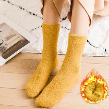 Женские мягкие пушистые носки для сна, осень-зима, теплые домашние носки-тапочки, однотонные женские плюшевые утепленные зимние носки из кораллового флиса - Изображение 2  
