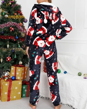 2023 Новые рождественские елки, женский комбинезон с принтом Санта-Клауса в виде снежинок, комбинезон для сна с капюшоном и ушками щенка, пижама для отдыха - Изображение 2  